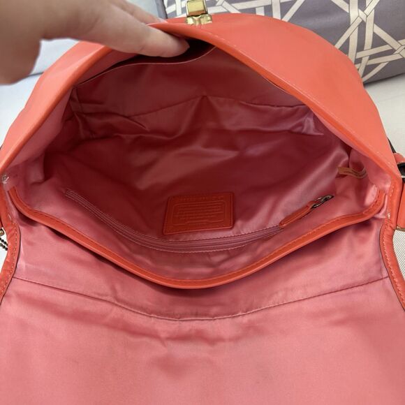 Auth Coach Leather Z23987 Medium Flap Shoulder Crossbody Duffle Bag Orange Coral - Picture 5 of 16
